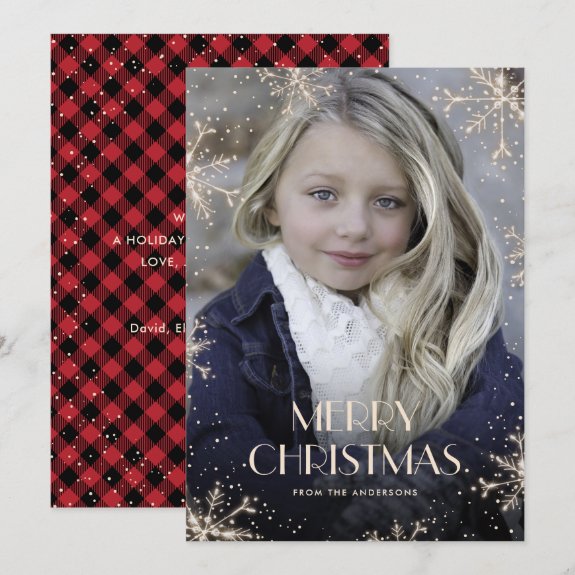 Sparkly Red Buffalo Plaid Photo Christmas Card