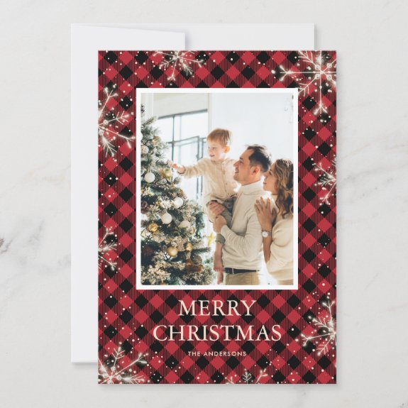 Sparkly Red Buffalo Plaid Photo Merry Christmas Card