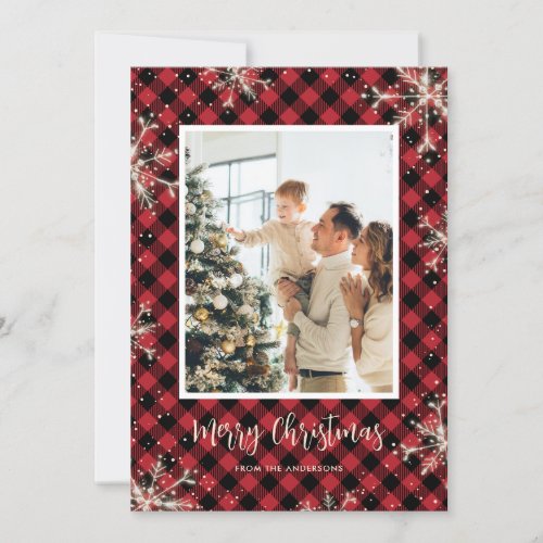 Sparkly Red Buffalo Plaid Photo Merry Christmas Holiday Card