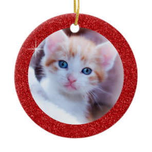 Sparkly Red Glitter Adorable Family Kitten Photo Ceramic Ornament