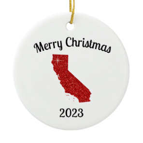 Sparkly Red Glitter California Merry Christmas Ceramic Ornament