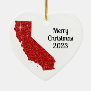 Sparkly Red Glitter California Merry Christmas Ceramic Ornament