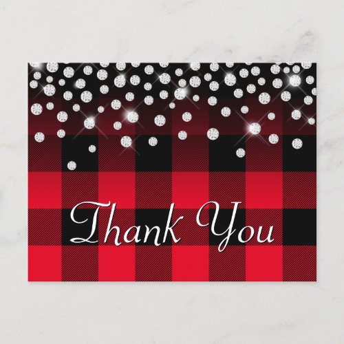 Sparkly Rhinestone Red Buffalo Plaid Thank You Postcard