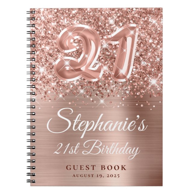 Sparkly Rose Gold Balloon 21st Birthday Guestbook Notebook (Front)