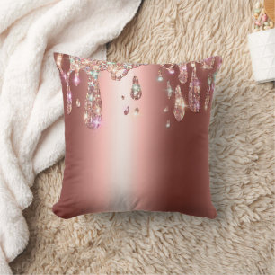 Sparkly Rose Gold Drip Diamond Glitter on Sateen Throw Pillow
