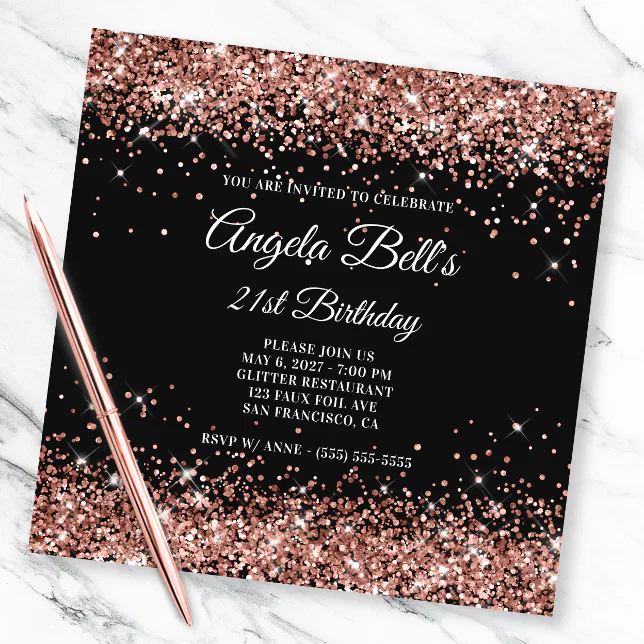 Sparkly Rose Gold Glitter 21st Birthday Black Invitation Zazzle