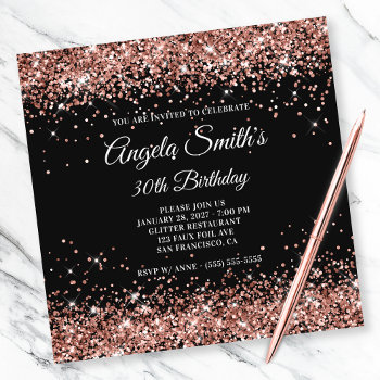 Sparkly Rose Gold Glitter 30th Birthday Black Invitation by annaleeblysse at Zazzle