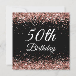 Sparkly Rose Gold Glitter 50th Birthday Black Invitation | Zazzle