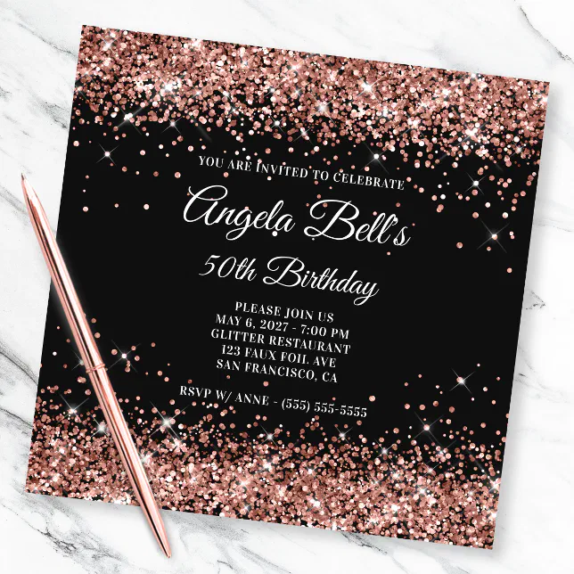 Sparkly Rose Gold Glitter 50th Birthday Black Invitation Zazzle 9615