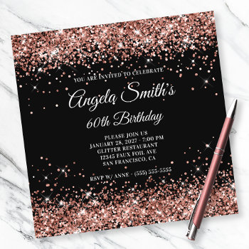 Sparkly Rose Gold Glitter 60th Birthday Black Invitation by annaleeblysse at Zazzle