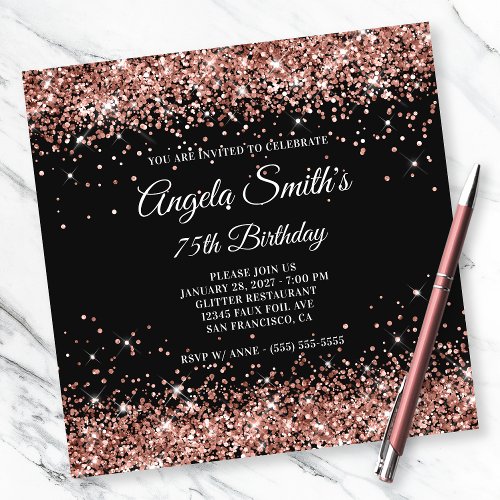 Sparkly Rose Gold Glitter 75th Birthday Black Invitation