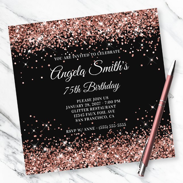 Sparkly Rose Gold Glitter 75th Birthday Black Invitation (Creator Uploaded)
