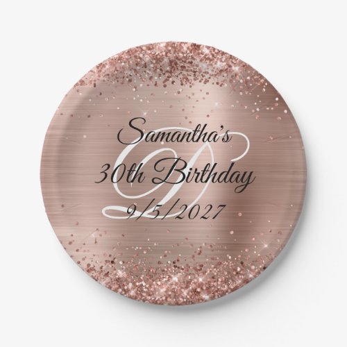 Sparkly Rose Gold Glitter and Foil 30th Birthday Paper Plates