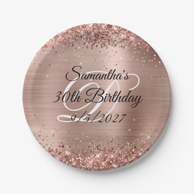 Sparkly Rose Gold Glitter and Foil 30th Birthday Paper Plates (Front)