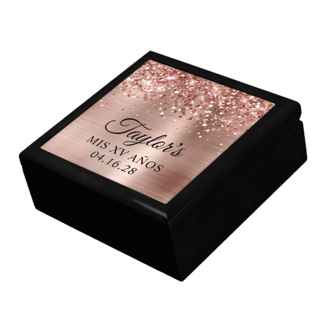 Sparkly Rose Gold Glitter and Foil Mis XV Años Gift Box (Side)
