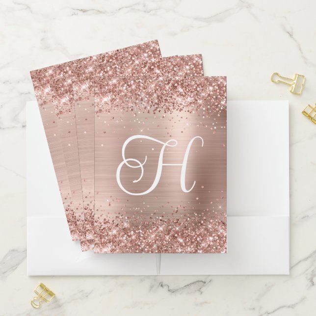 Sparkly Rose Gold Glitter and Foil Monogram Pocket Folder (In Situ)