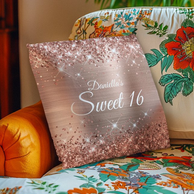 Sparkly Rose Gold Glitter and Foil Sweet 16 Throw Pillow (Sparkly Rose Gold Glitter and Foil Sweet 16 Throw Pillow)