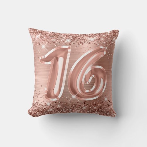 Sparkly Rose Gold Glitter and Foil Sweet 16 Throw Pillow