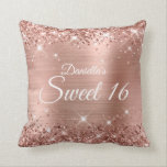 Sparkly Rose Gold Glitter and Foil Sweet 16 Throw Pillow<br><div class="desc">Fabulous sweet 16 girly glam throw pillow for your daughter. The front features the number sixteen in a puffy balloon text image. The background image features a girly glam pink blush and rose gold ombre brushed metal style foil with faux rose gold glitter digital art graphics. On the backside, you...</div>