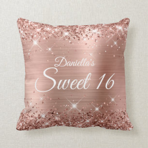 Sparkly Rose Gold Glitter and Foil Sweet 16 Throw Pillow