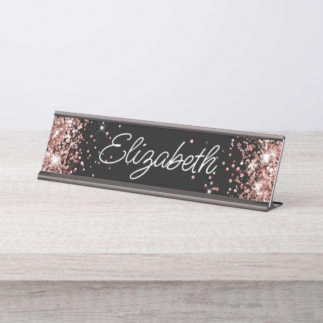 Sparkly Rose Gold Glitter Black Desk Name Plate (Front)