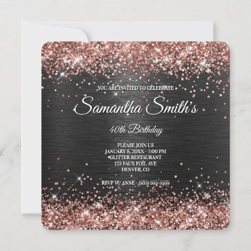 Sparkly Rose Gold Glitter Black Foil 40th Birthday Invitation