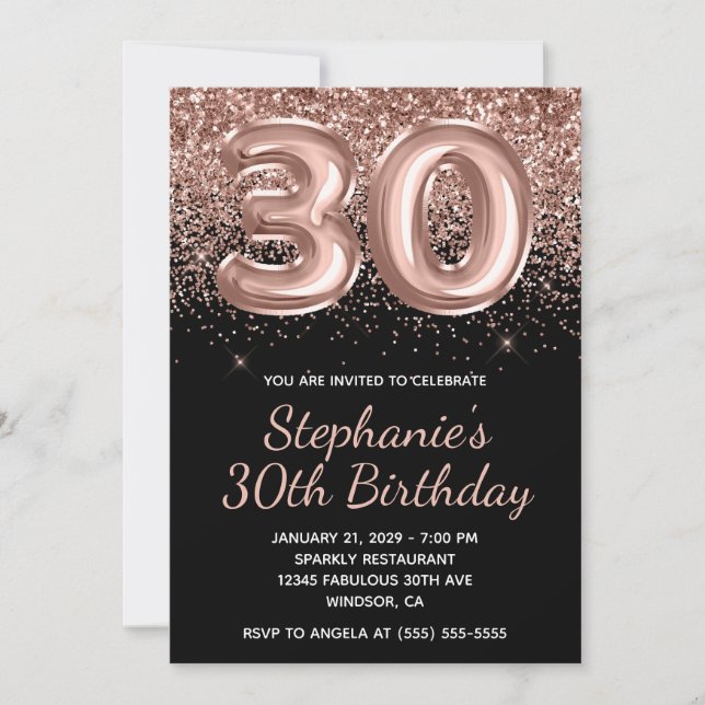 Sparkly Rose Gold Glitter Black Number 30 Birthday Invitation (Front)