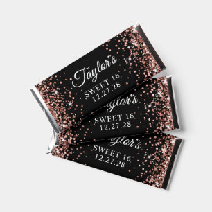 Sparkly Rose Gold Glitter Black Sweet 16 Hershey Bar Favors