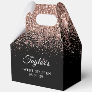 Sparkly Rose Gold Glitter Black Sweet Sixteen Favor Boxes