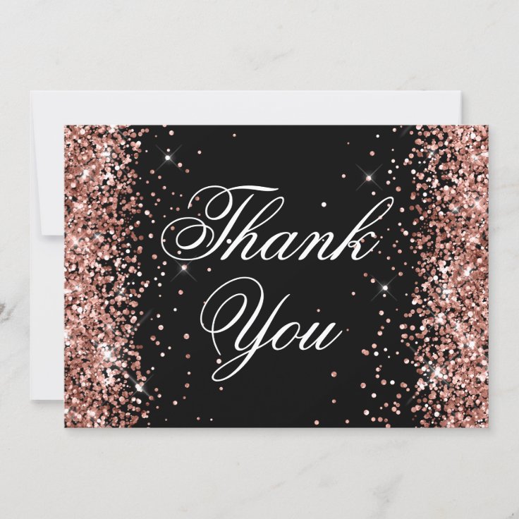 Sparkly Rose Gold Glitter Black Thank You Card | Zazzle