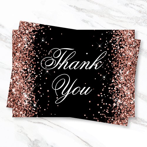Sparkly Rose Gold Glitter Black Thank You Card