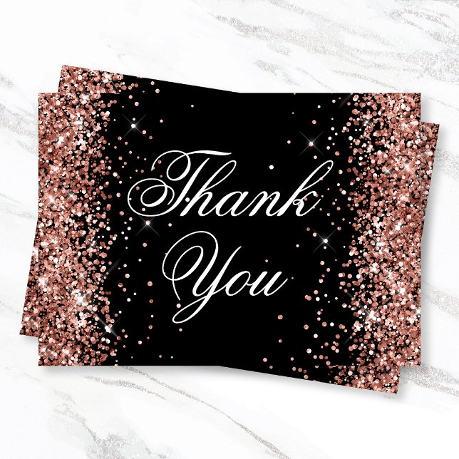 Sparkly Rose Gold Glitter Black Thank You Card (Creator Uploaded)