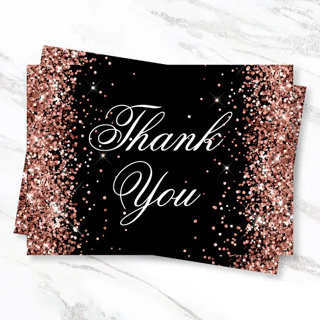 Sparkly Rose Gold Glitter Black Thank You Card | Zazzle