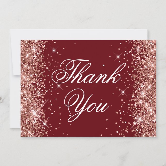 Sparkly Rose Gold Glitter Burgundy Thank You Card (Front)