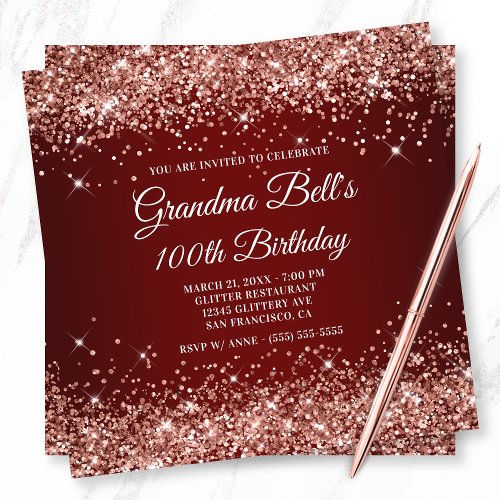 Sparkly Rose Gold Glitter Dark Red 100th Birthday Invitation