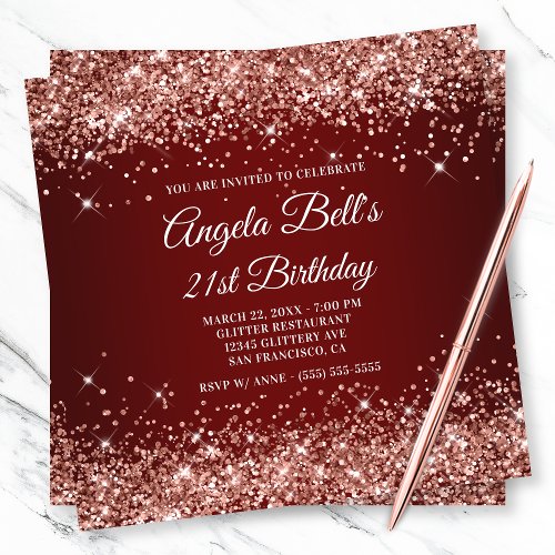 Sparkly Rose Gold Glitter Dark Red 21st Birthday Invitation