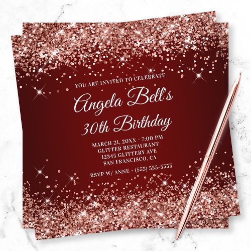 Sparkly Rose Gold Glitter Dark Red 30th Birthday Invitation