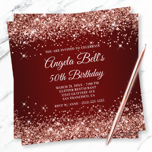 Sparkly Rose Gold Glitter Dark Red 50th Birthday Invitation