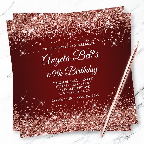 Sparkly Rose Gold Glitter Dark Red 60th Birthday Invitation