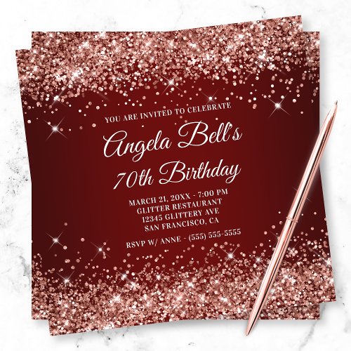 Sparkly Rose Gold Glitter Dark Red 70th Birthday Invitation