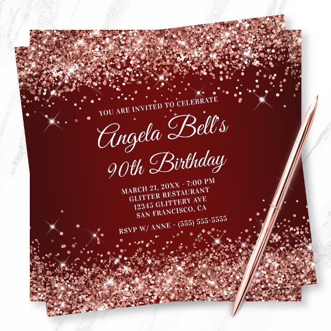 Sparkly Rose Gold Glitter Dark Red 90th Birthday Invitation (Creator Uploaded)
