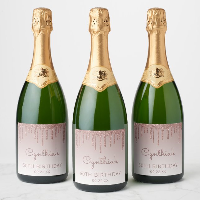 Sparkly Rose Gold Glitter Drip 60th Birthday Party Sparkling Wine Label (Bottles)
