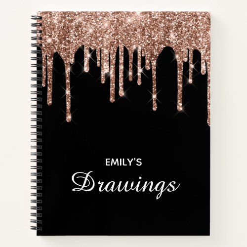 Sparkly Rose Gold Glitter Drips Black Drawing Notebook