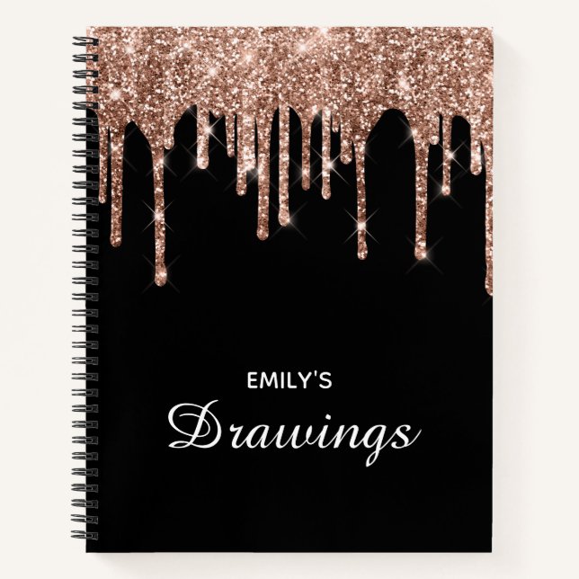Sparkly Rose Gold Glitter Drips Black Drawing Notebook (Front)