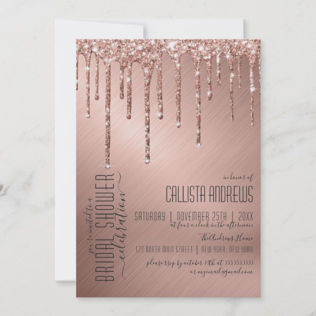 Sparkly Rose Gold Glitter Drips Bridal Shower Invitation (Front)