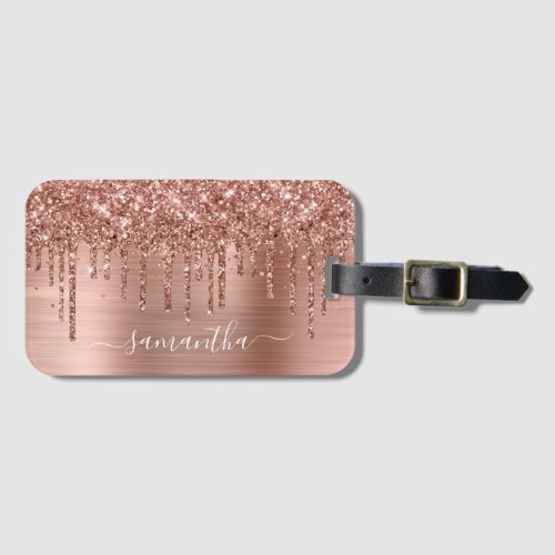 Sparkly Rose Gold Glitter Drips Girly Signature Luggage Tag