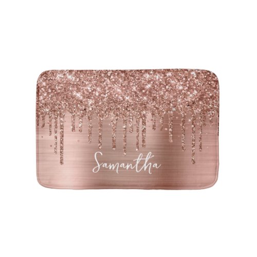 Sparkly Rose Gold Glitter Drips Glam Name Bath Mat