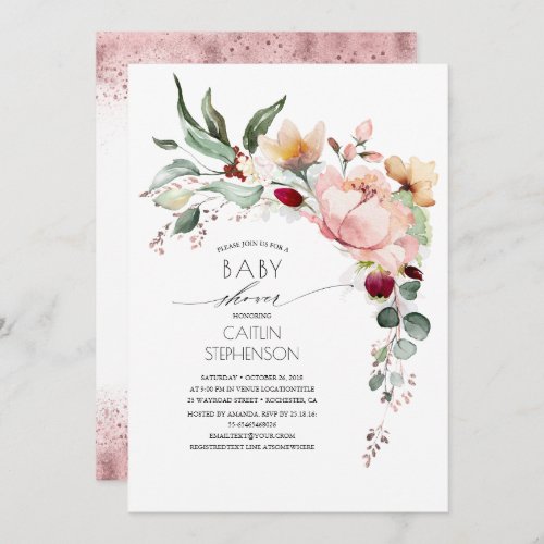 Sparkly Rose Gold Glitter Floral Baby Shower Invitation