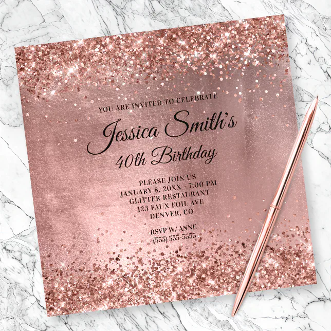 Sparkly Rose Gold Glitter Foil 40th Birthday Invitation Zazzle 7215