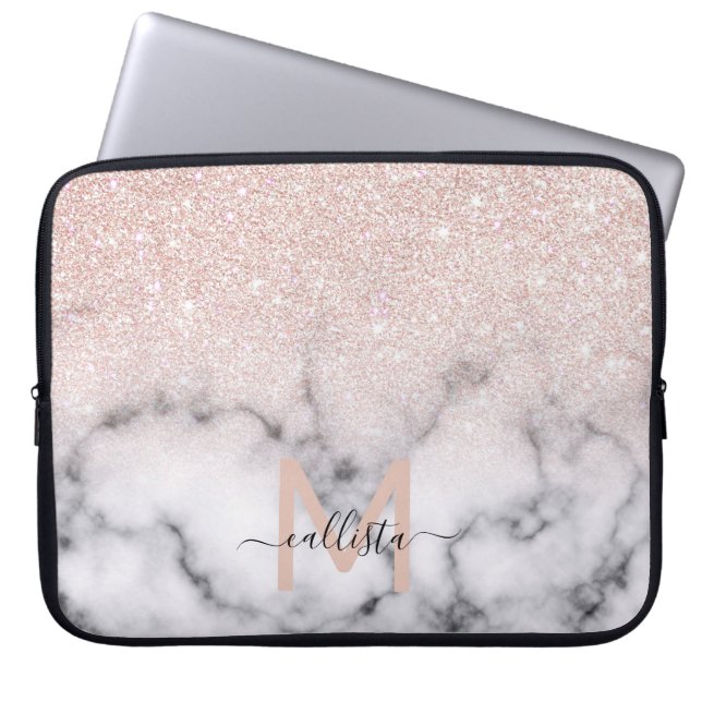 Sparkly Rose Gold Glitter Marble Ombre Laptop Sleeve (Front)
